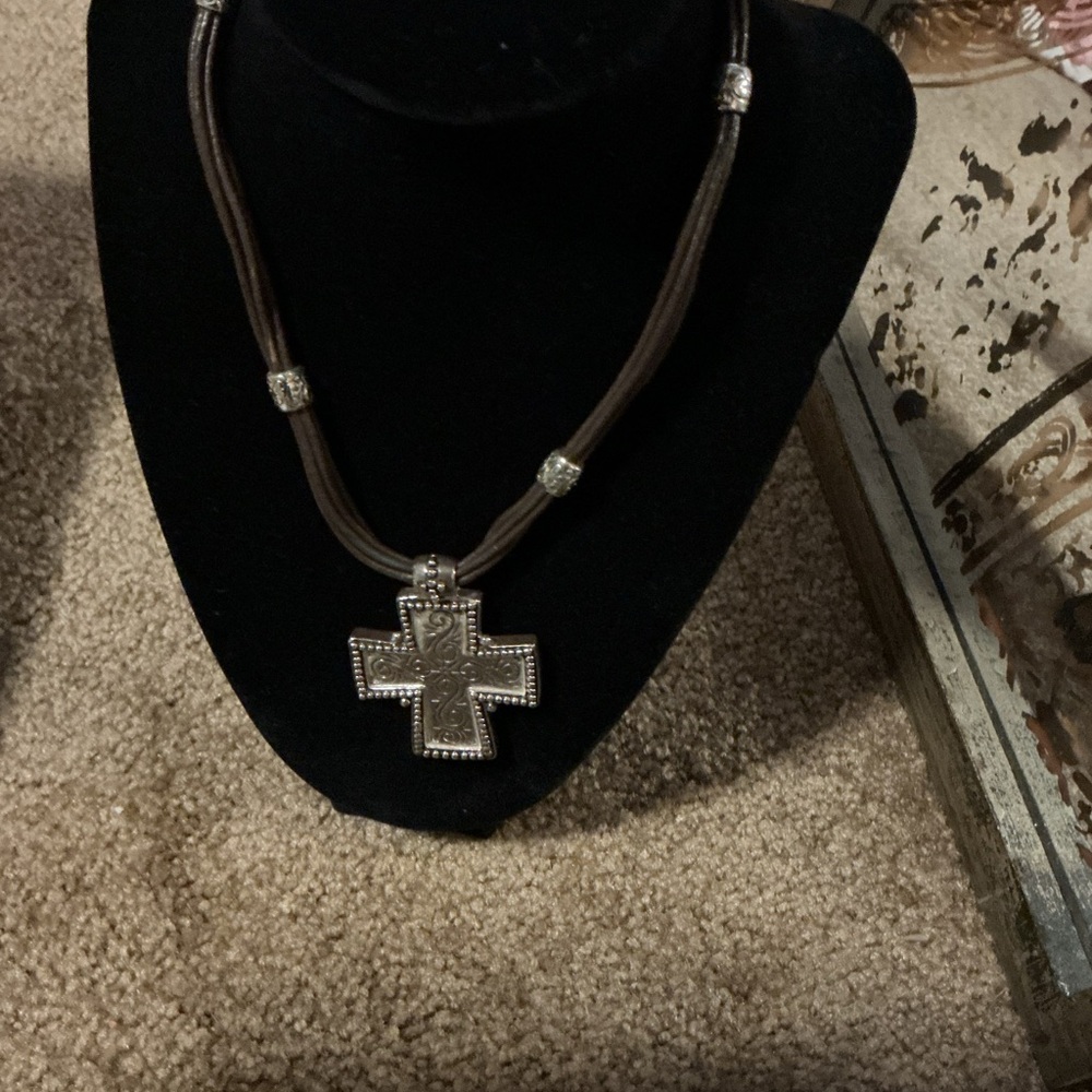 Silpada Silver Cross Necklace with Brown Cord